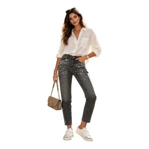 Earl Jean Black Pearl Embellished Skinny Ankle Jeans Size 8 Glam Y2K Luxe